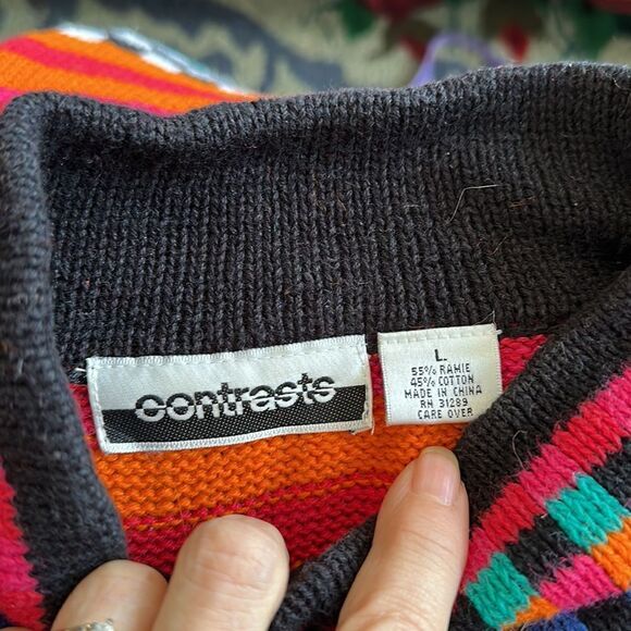 Vtg 80s/90s Contrasts turtleneck brightly colored multi patterned long sweater - Picture 6 of 8